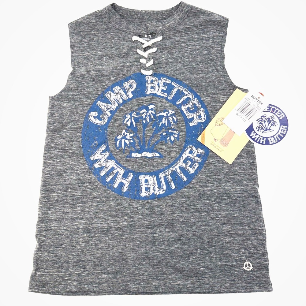 NWT Butter Super Soft Girls Camp Graphic Lace Up Tank Top Gray Retro Size 7